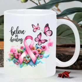 1pc 11oz "Believe in Healing" Ceramic Coffee Mug with Pink Ribbon & Butterfly Design - Inspirational Gift for Health and