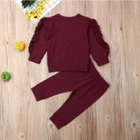 Newborn Baby Boys Girls Ruffles Jumper Solid Long Sleeve Sweatshirt Tops Pants Infant Kids 2Pcs Outfits Clothes Set Fall Clothes (Option: Wine red-110cm)