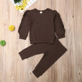 Newborn Baby Boys Girls Ruffles Jumper Solid Long Sleeve Sweatshirt Tops Pants Infant Kids 2Pcs Outfits Clothes Set Fall Clothes (Option: Brown-110cm)