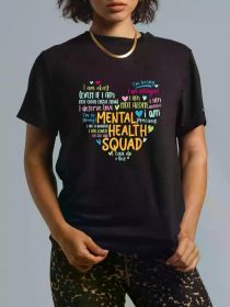 Mental Health Squad Love Heart Facts Mental Health Awareness T-Shirt Casual Short Sleeve Shirt (Color: Black, size: XXL)