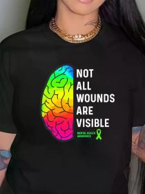 1pc Women's Plus Size Casual Tee - Not All Wounds Are Visible Mental Health Awareness Graphic, Round Neck, Short Sleeve, Polyester Knit Fabric (Color: Black, size: M)
