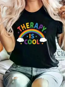 Therapy Is Cool ! End the Stigma Mental Health Graphic Print Solid T-Shirt (Color: Black, size: XL)