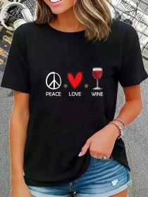 Peace and Love Wine Pattern T-Shirt - Humorous Fashion Black Short Sleeve Round Neck Top, White and Red Print, Casual Style (Color: Black, size: XXL)