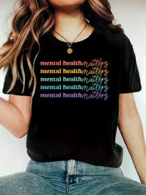 Women'S Graphic Tee - "Mental Health Matters" Rainbow Design, Short Sleeve Crew Neck, Soft & Breathable Casual Top (Color: Black, size: XXXL)