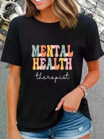 Mental Health Therapist Week Groovy Appreciation Day Women T-Shirt Casual Short Sleeve Shirt (Color: Black, size: S)
