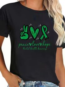 Women's Mental Health Awareness T-Shirt - Peace, Love, Hope Graphic Short Sleeve Tee, Black Casual Shirt for Casual Attire or Special Occasions (Color: Black, size: L)