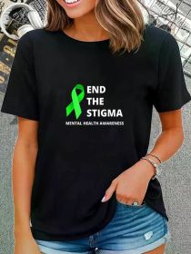 End the Stigma Mental Health Awareness T-Shirt - Women's Casual Short Sleeve Tee with Bold White Lettering & Green Ribbon Graphic, Black (Color: Black, size: XXXL)