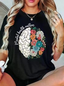 Floral and Brain Print T-shirts for Women - Designed with "Mental Health Matters," soft and casual spring and summer tops, round neck, short slee (Color: Black, size: XXL)