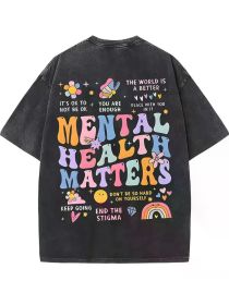 Retro Washed Graphic T-Shirt - "Mental Health Matters" Design with Eye-Catching Print Patterns, Comfortable Fabric, (Color: Black, size: M)