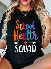 School Health Squad Graphic Tee, Knit Fabric, Short Sleeve, (Color: Black, size: L)