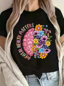 Women's Floral Brain Graphic T-Shirt - 100% Crew Neck Short Sleeve Top, "Mental Health Matters" Design with (Color: Black, size: XL)