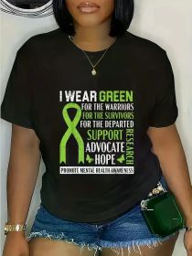 I Wear Green for Mental Health Awareness Fight The Stigma T-Shirt - Women's Short Sleeve Tee with Inspirational Design (Color: Black, size: L)