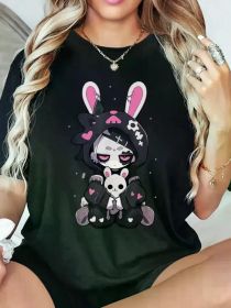 Soft Women's Casual T-shirts, Unique Cartoon Rabbit Print - Short Sleeve, Round Neck, Gothic Style for Ladies, Casual Wear (Color: Black, size: L)