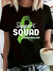 Plus Size Support Squad Graphic T-Shirt - Polyester & Elastane Blend, Crew Neck, Casual Short Sleeve Tee with Mental Health Awareness Print (Color: Black, size: XL)