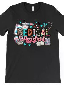 Men's Medical Assistant Graphic T-Shirt - Black Short Sleeve, Fun & Functional Health Care Design with Stethoscope, (Color: Black, size: L)