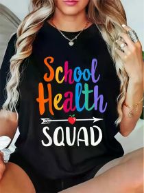 School Health Squad Graphic Tee, 100% Knit Fabric, Short Sleeve, Round Neck, Geometric Pattern, (Color: Black, size: M)