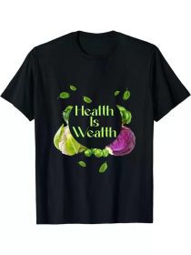 Health Is Wealth T-Shirt, Casual Crew Neck, High Stretch Knit Fabric, Regular Fit, with Vegetable Print, for Adults, All- (Color: Black, size: XL)