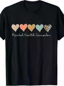 Men's Mental Health Counselor T-Shirt - Black Cotton Round Neck Tee with Leopard Heart Design, (Color: Black, size: S)