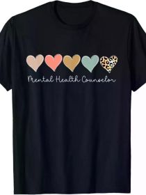 Men's Mental Health Counselor T-Shirt - Black Cotton Round Neck Tee with Leopard Heart Design, (Color: Black, size: XXXL)