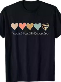 Men's Mental Health Counselor T-Shirt - Black Cotton Round Neck Tee with Leopard Heart Design, (Color: Black, size: XL)