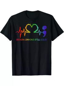 Mental Health Awareness T-Shirt - Broken Crayons Still Color Semicolon Design - Black Cotton Tee for Men (Color: Black, size: L)