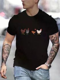 1pc Chickens Print T-Shirt for Men, Mature Style, 100% Cotton Crew Neck, Short Sleeve, Regular Fit (Color: Black, size: XXXL)