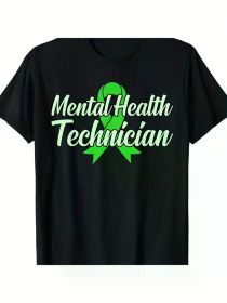 Mental Health Technician Awareness Supporter - Men'S Black Cotton T-Shirt with Green Ribbon Graphic, Casual Crew (Color: Black, size: XXL)